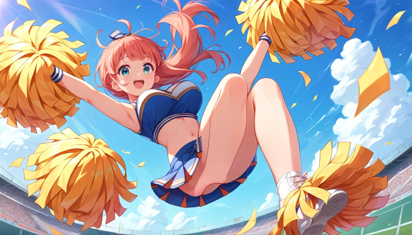 ((1girl:1.3)), ((moe style:1.3)), ((cheerleader:1.3)), ((jumping:1.3)), ((large breasts:1.3)), ((centerfold:1.3)), ((extremely feminine:1.3)), perfect hands, ((perfect face)), ((extremely cute:1.3)), ((masterpiece)), ((8k)), ((best quality)), ((beautiful)), ((extremely detailed:1.3)) , ((absurdres)), AddXL, ((score_9:1.3)), ((score_8_up:1.3)), ((score_7_up:1.3)),