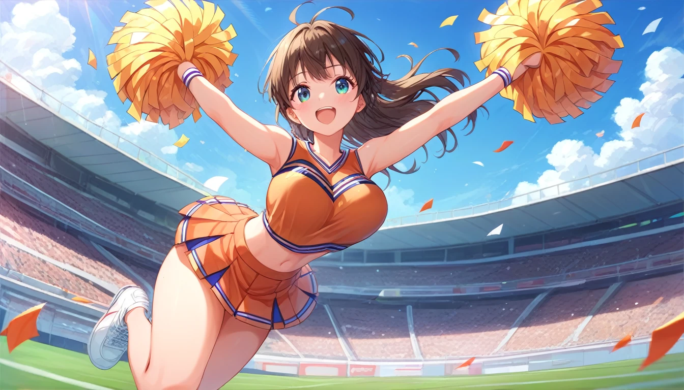 ((1girl:1.3)), ((moe style:1.3)), ((cheerleader:1.3)), ((jumping:1.3)), ((large breasts:1.3)), ((centerfold:1.3)), ((extremely feminine:1.3)), perfect hands, ((perfect face)), ((extremely cute:1.3)), ((masterpiece)), ((8k)), ((best quality)), ((beautiful)), ((extremely detailed:1.3)) , ((absurdres)), AddXL, ((score_9:1.3)), ((score_8_up:1.3)), ((score_7_up:1.3)),