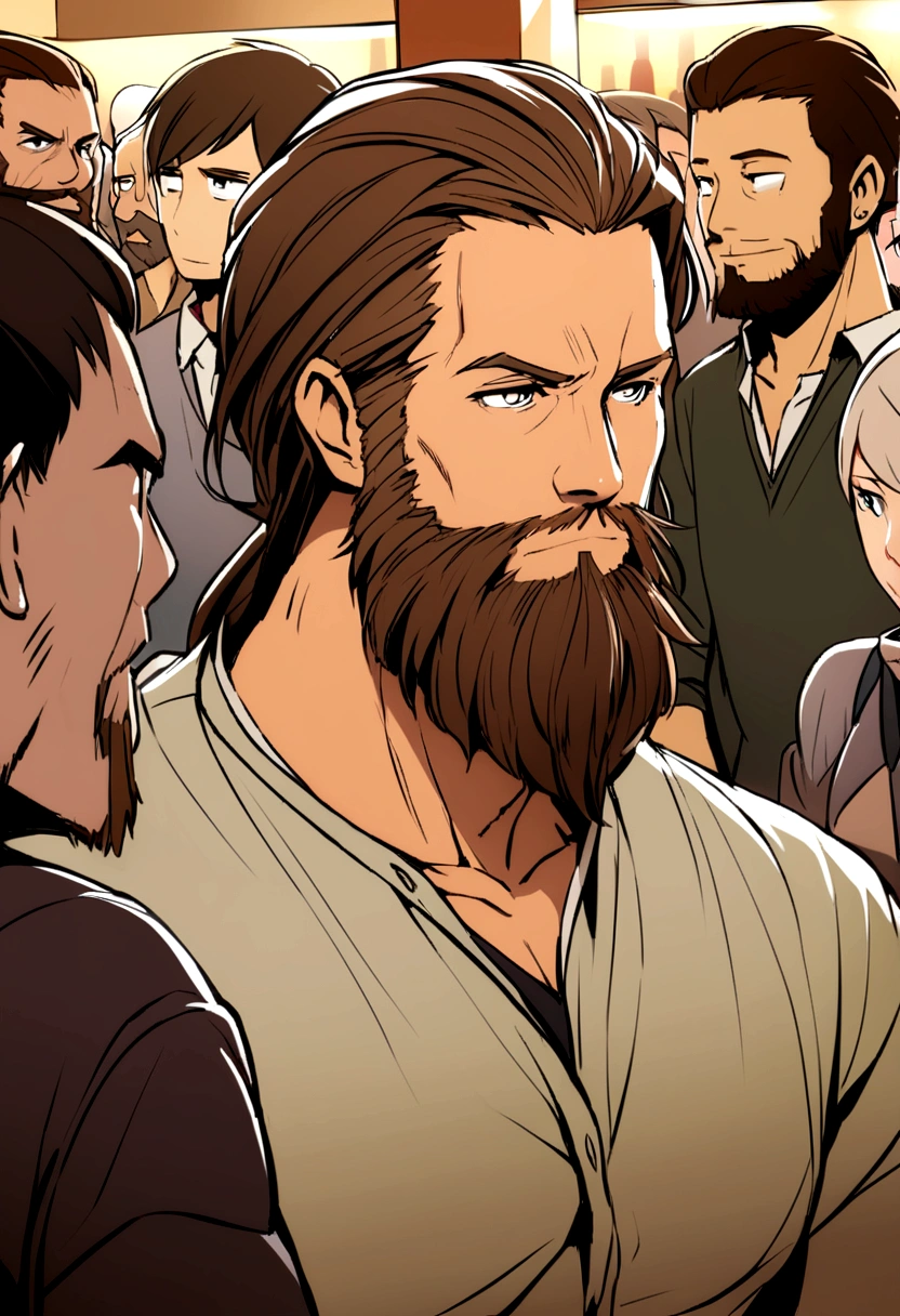 guy with long brown hair, with a brown and mid beard talking a lot of people in a bar