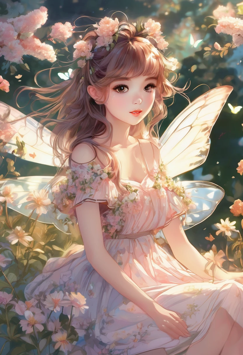 (A girl in a garden),illustrated,subdued colors,beautiful detailed eyes,beautiful detailed lips,long hair,fairy wings naughty,floral flowers colorful,butterflys,ethereal glow,medium dress,lovely expression,posing gracefully,bright sunlight