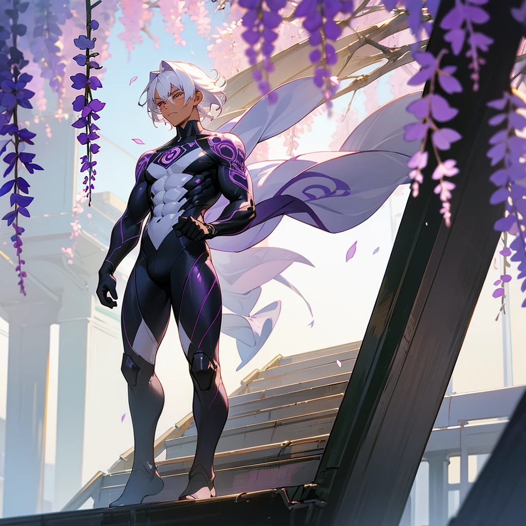 1male, young adult, dark skin, finely detailed plum eyes, wild medium hair, seashell white hair color, full body combat suit, standing on building, day time, tokyo streets, somber expression, muscular, tattoos, wisteria flowers, scars