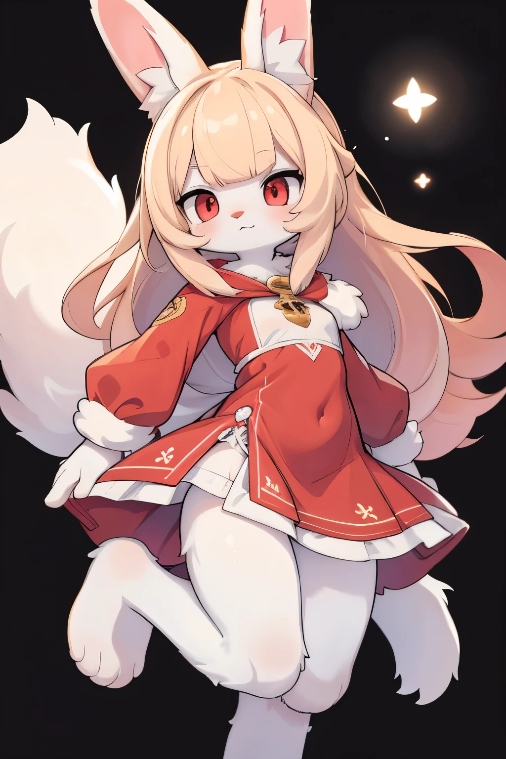 score_8_up, score_7_up, score_6, source_furry, source_anime, ((furry, anthro)), solo, solo focus, furred_bunny, long fur, fluffy fur, fluffy tail, white body, light red eyes, gold hair, very long hair, blunt bangs, revealing clothes, dress, cosplay, colorful, abstract background, jumping. no underwear
