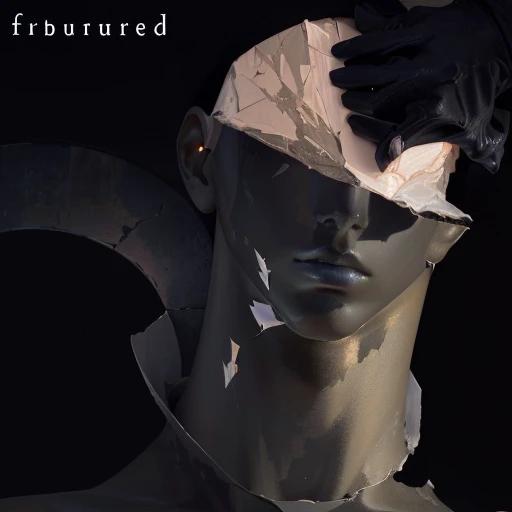 there is a mannequin head with a hat on it, fractured, fragmented, inspired by Fabien Charuau, close-up print of fractured, futured, disfigured figure, shattered visor, frustrated detailed, texturized, inspired by Fra Bartolomeo, inspired by Hyacinthe Rigaud, fractured reality, disfigured, inspired by François Barraud
