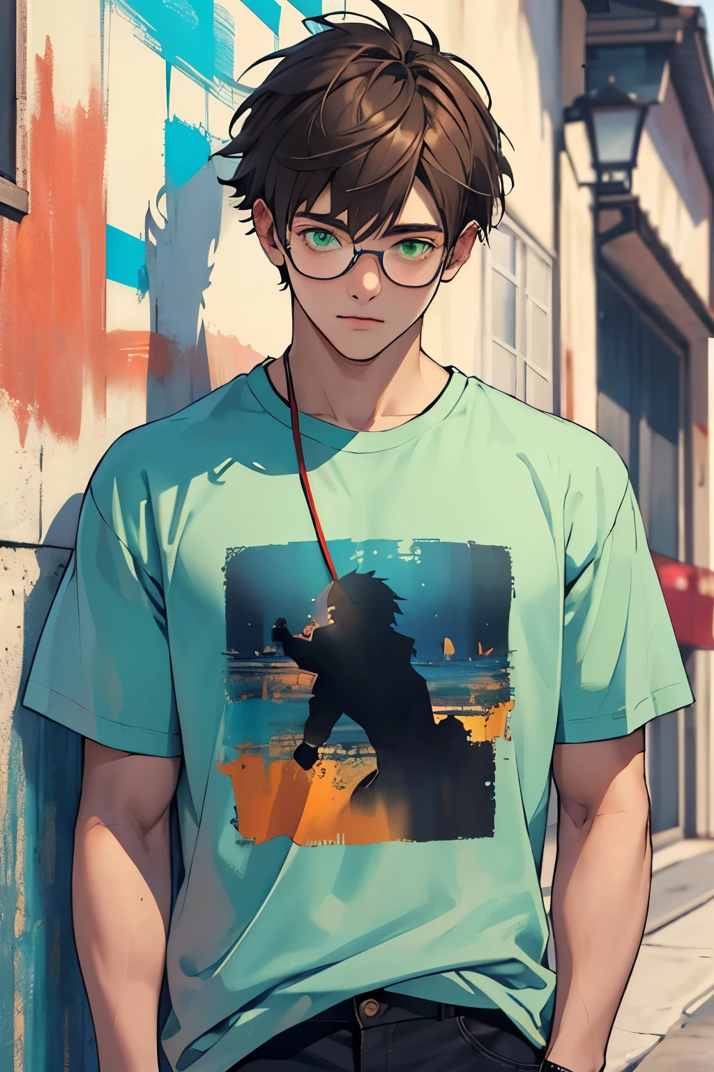 ((best quality)), ((masterpiece)), (detailed), male, slender teenager, green eyes, messy brown hair, large glasses, wearing graphic tees