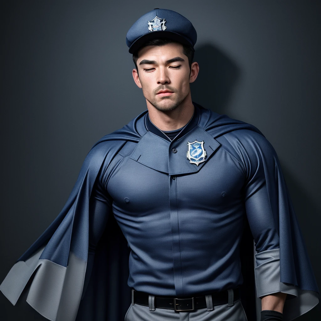 A full-body 3D male realistic model, wearing a full-body hero suit and cape in the pattern of a professional baseball uniform, a very short-haired, crew-cut, cool, dandy-looking, veteran-aged man with a shiny, sparkling blue cape that is longer than his body, gloves and a cap are always worn, an original hero, only the eyebrows, eyelashes and eyes are visible, his mouth is bandaged and sealed, the upper half of his face is bare with a sharp look in his eyes, he has six-pack abs, a muscular macho man with a sturdy body and a cool look, his legs are closed, his hands are clasped behind his back in an X shape, his whole body is bound and sealed with duct tape and he is held down. He has collapsed from exhaustion and is sleeping with his eyes closed. A coat of arms, in a dark room as the background, his whole body facing forward, backward, left and right (north, south, east and west), an image of him being restrained and mummified.