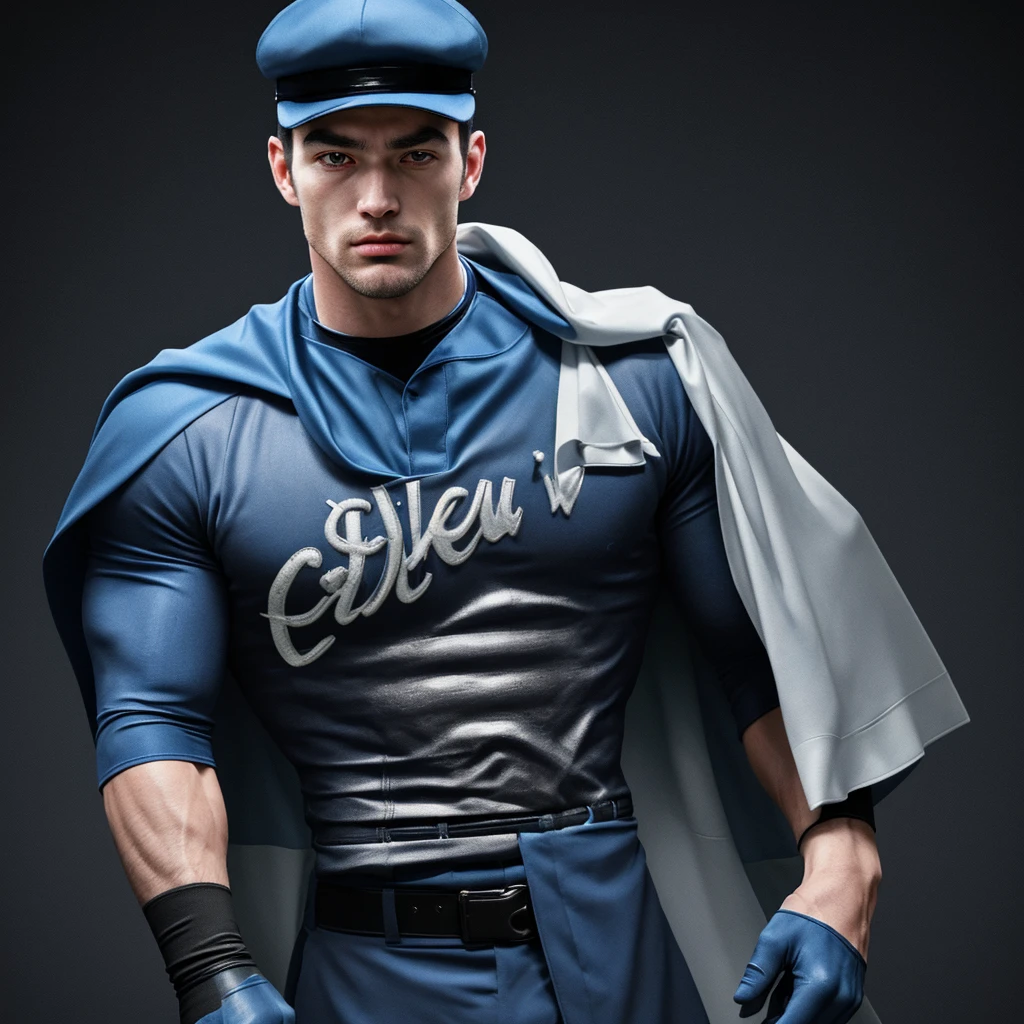 A full-body 3D male realistic model, wearing a full-body hero suit and cape in the pattern of a professional baseball uniform, a very short-haired, crew-cut, cool, dandy-looking, veteran-aged man with a shiny, sparkling blue cape that is longer than his body, gloves and a cap are always worn, an original hero, only the eyebrows, eyelashes and eyes are visible, his mouth is bandaged and sealed, the upper half of his face is bare with a sharp look in his eyes, he has six-pack abs, a muscular macho man with a sturdy body and a cool look, his legs are closed, his hands are clasped behind his back in an X shape, his whole body is bound and sealed with duct tape and he is held down. He has collapsed from exhaustion and is sleeping with his eyes closed. A coat of arms, in a dark room as the background, his whole body facing forward, backward, left and right (north, south, east and west), an image of him being restrained and mummified.