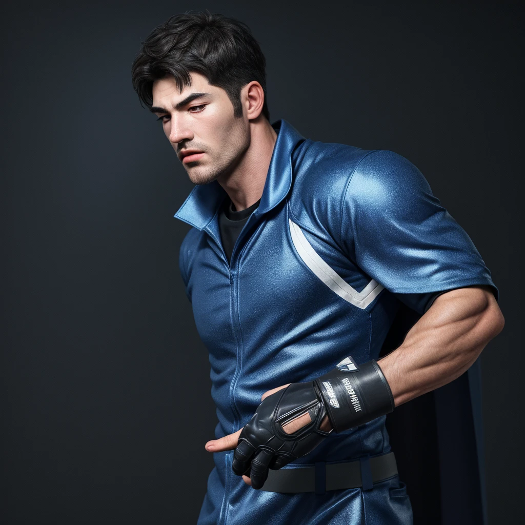 A full-body 3D male realistic model, wearing a full-body hero suit and cape in the pattern of a professional baseball uniform, a very short-haired, crew-cut, cool, dandy-looking, veteran-aged man with a shiny, sparkling blue cape that is longer than his body, gloves and a cap are always worn, an original hero, only the eyebrows, eyelashes and eyes are visible, his mouth is bandaged and sealed, the upper half of his face is bare with a sharp look in his eyes, he has six-pack abs, a muscular macho man with a sturdy body and a cool look, his legs are closed, his hands are clasped behind his back in an X shape, his whole body is bound and sealed with duct tape and he is held down. He has collapsed from exhaustion and is sleeping with his eyes closed. A coat of arms, in a dark room as the background, his whole body facing forward, backward, left and right (north, south, east and west), an image of him being restrained and mummified.