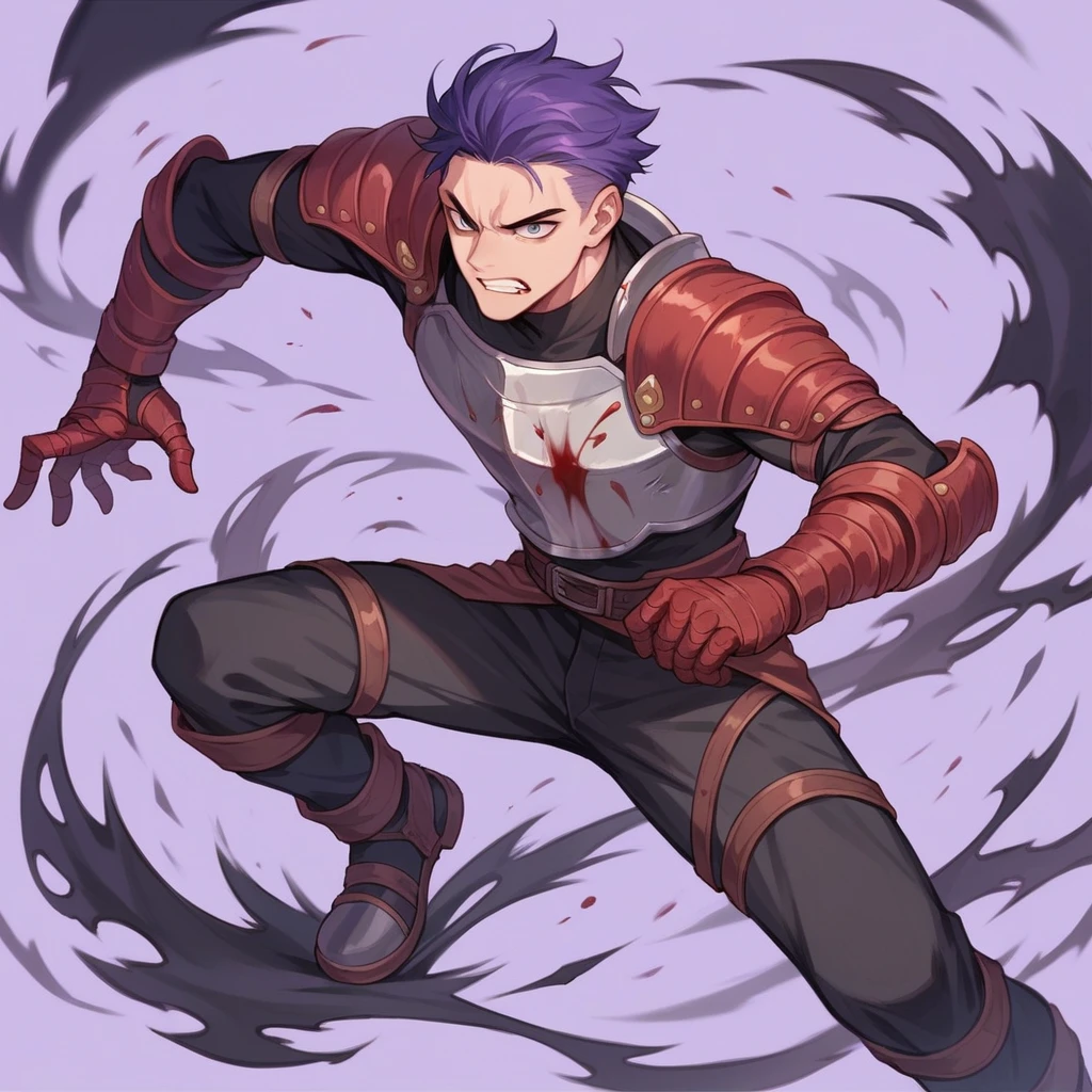 Man, armor inspired by shin gojira, Slim, combat pose, purple background with black smoke, manhwa style, red details and blood