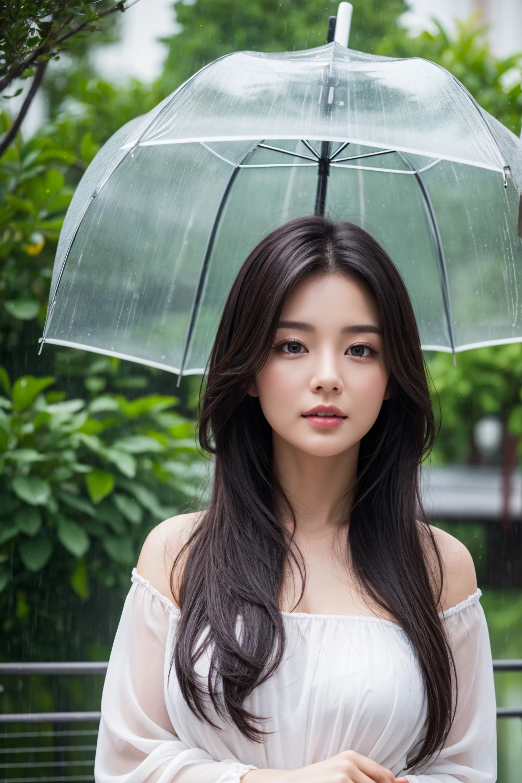 Photorealistic、Highest quality、Highest Resolution、Highest quality、８Ｋ、1人のBeautiful woman、Beautiful woman、Beautiful woman、Being outside、rain、umbrella、