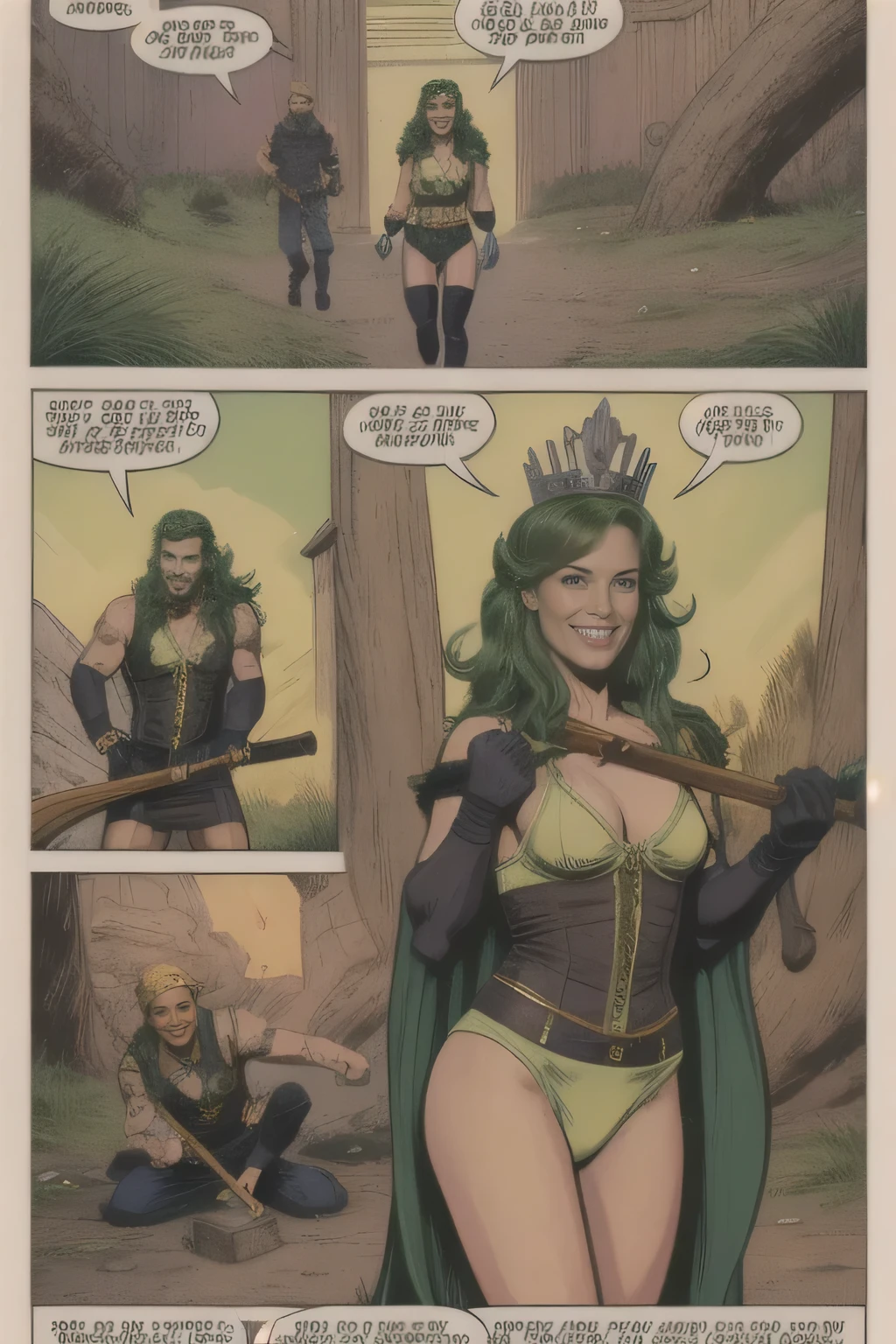 1girl, long hair, gloves, holding, weapon, green hair, teeth, fingerless gloves, torn clothes, 4koma, parody, tiara, slim smile, axe, holding axe, panty