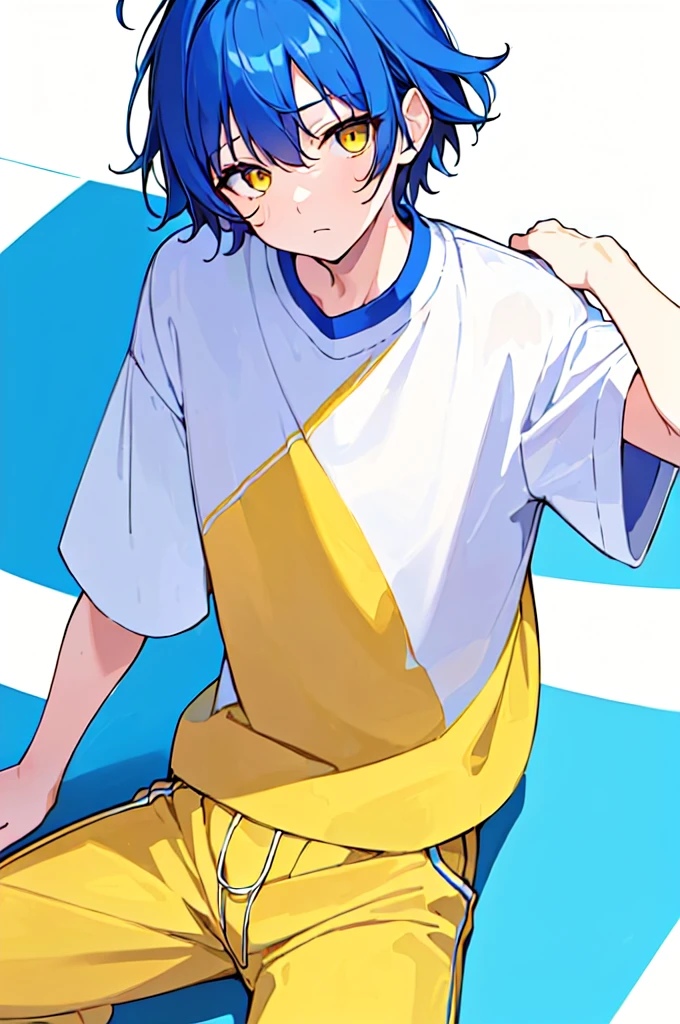 [(WHITE BACKGROUND:1.5),::5], (((masterpiece))), high quality, very_high_resolution, large_filesize, upper body, full color, ((Solo)), ((little boy)), 13 old year, men's short deepblue hair, vivid color, ((yellow eye)), Summer clothes white, animestyle, ((sitting,head tilt,?,head back))