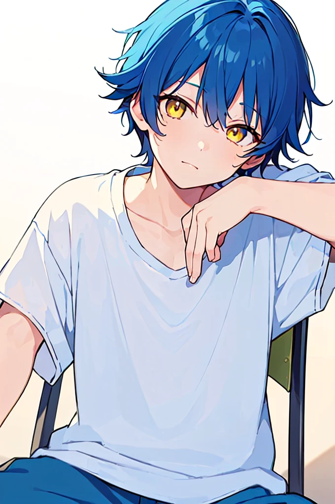 [(WHITE BACKGROUND:1.5),::5], (((masterpiece))), high quality, very_high_resolution, large_filesize, upper body, full color, ((Solo)), (( boy)), 13 olds short deepblue hair, vivid color, ((yellow eye)), Summer clothes white, animestyle, ((sitting,head tilt,?,head back))