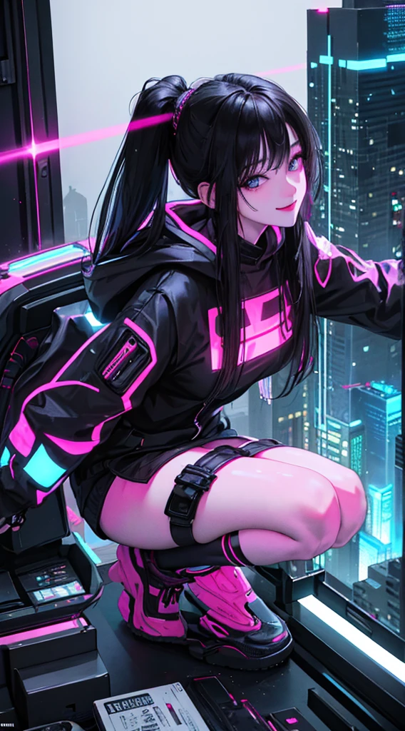 (1 girl)、(chubby beauty)、(30 years old)、(very long hair)、(Best image quality)、(8K quality)、(cyberpunk)、(table top)、 (Flickering of light)、(Wear a military uniform with a cyberpunk hood)、(confident smile:1.2)、(full body photo)、movie light, cinema shadow, clear image, very detailed, volume, bright sprite, particle effects, beautiful effect, vivid colors, neon, neon 불빛, very detailed 이미지 텍스처, detailed hair, detailed face, detailed eyes, full body photo, city、black hair、eyes shine、Photograph above the knee、beautiful effect, vivid colors, very detailed 이미지 텍스처, detailed hair, detailed eyes,(Cyberpunk cityscape)