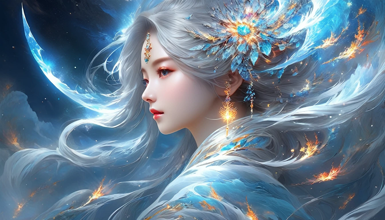 (masterpiece, Top quality, best quality, official Art, beautiful and aesthetic:1.2), (1 Girl:1.2), Lovely, Extremely detailed, (Abstract:1.4, fractal Art:1.3), (silver_hair:1.1), destiny \(series\), rich and colorful, The most detailed, fire, ice, lightning, (splash_Art:1.2), Jewelry:1.4, Hanfu, , landscape, ink