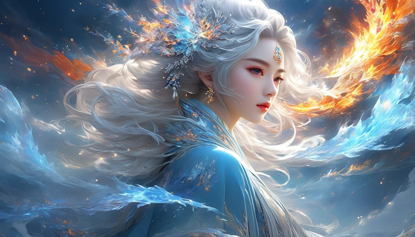 (masterpiece, Top quality, best quality, official Art, beautiful and aesthetic:1.2), (1 Girl:1.2), Lovely, Extremely detailed, (Abstract:1.4, fractal Art:1.3), (silver_hair:1.1), destiny \(series\), rich and colorful, The most detailed, fire, ice, lightning, (splash_Art:1.2), Jewelry:1.4, Hanfu, , landscape, ink