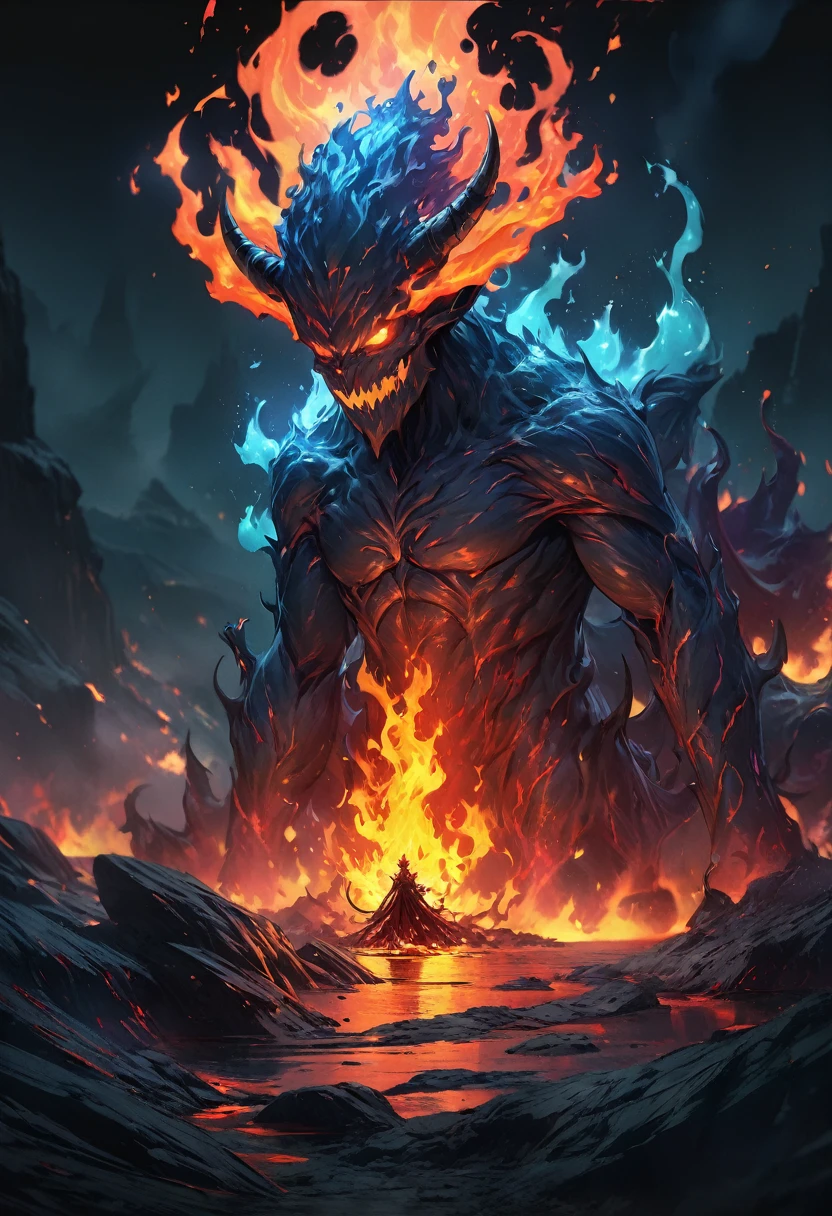  ((Best quality, 8K, Masterpiece: 1.4)),((Amazing detail: 1.3)),((illustration: 1.2)),((high resolution: 1.1)),Eldritch,flame elemental, fire demon, luminous fire elemental,Empty background,astral,Viscous liquid,Colorful, vapor, Dark style, Dark fantasy, Perfect hand,Murderous face,Human toch,lava, light,flame 