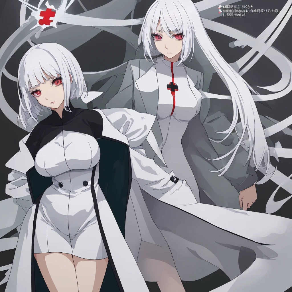 1 anime woman,medica,a coat, hips up, white  hair,