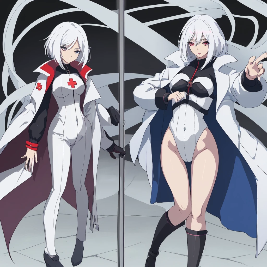 1 anime woman,medica,a coat, hips up, white hair,