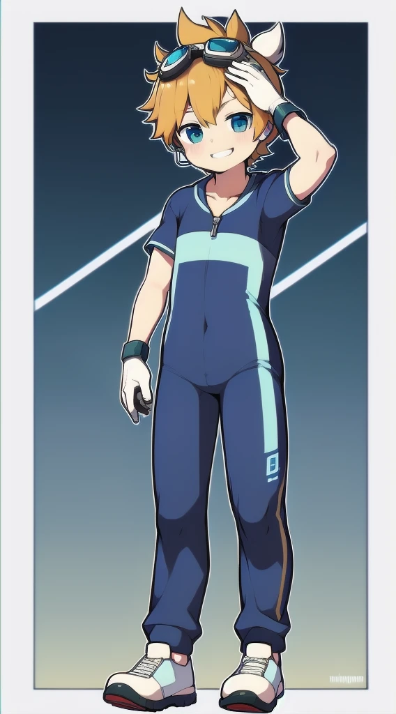 Two-dimensional boy,One-piece mountaineering suit,trumpet,Cow ears,Put the headphones on your head,stand up,goggles,sports shoes,Slim,Happy,Sailor collar