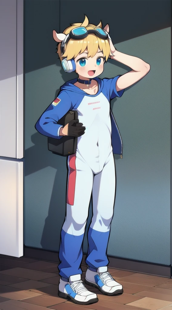 Two-dimensional boy,One-piece mountaineering suit,trumpet,Cow ears,Put the headphones on your head,stand up,goggles,sports shoes,Slim,Happy,Sailor collar