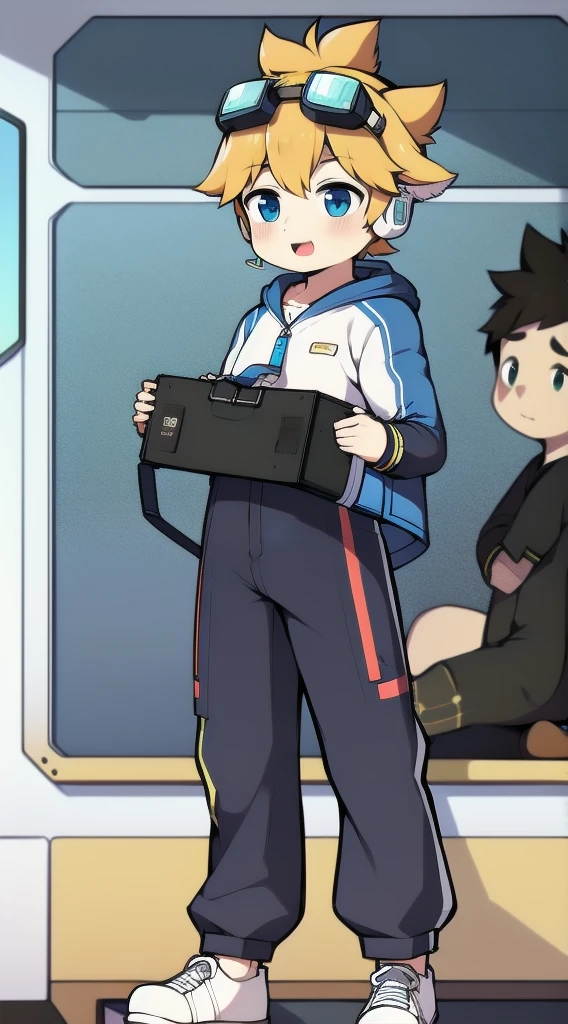 Two-dimensional boy,One-piece mountaineering suit,trumpet,Cow ears,Put the headphones on your head,stand up,goggles,sports shoes,Slim,Happy,Sailor collar