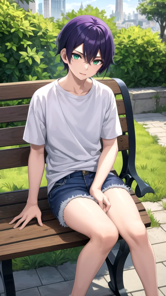 masterpiece, best quality, high quality, 1boy, solo, 14-year-old boy,evil boy,male focus, looking at viewer , purple hair, old-school swoop haircut,white shirt with short sleeves,blue jean shorts, green eyes, sitting on a bench 