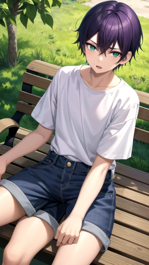 masterpiece, best quality, high quality, 1boy, solo, 14-year-old boy,evil boy,male focus, looking at viewer , purple hair, old-school swoop haircut,white shirt with short sleeves,blue jean shorts, green eyes, sitting on a bench 