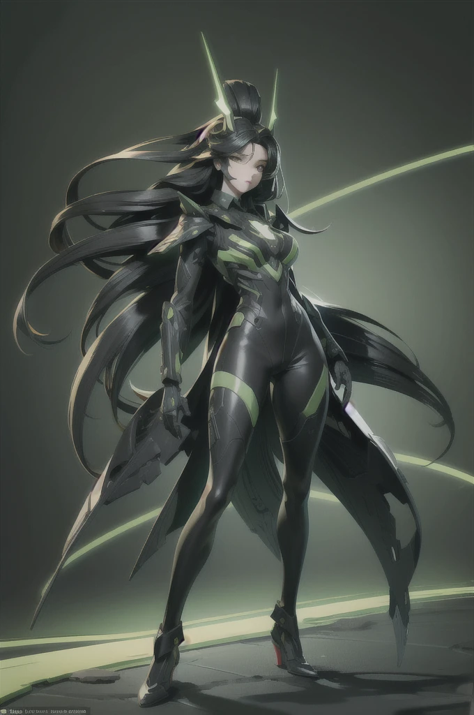 Human face, hwasa,full body picture Unreal Engine 5 8K UHD of beautiful girl, green Japanese style long hair, wearing futuristic black tight battle suit, half face mask, futuristic neck collar, grass green light details, best quality, masterpiece