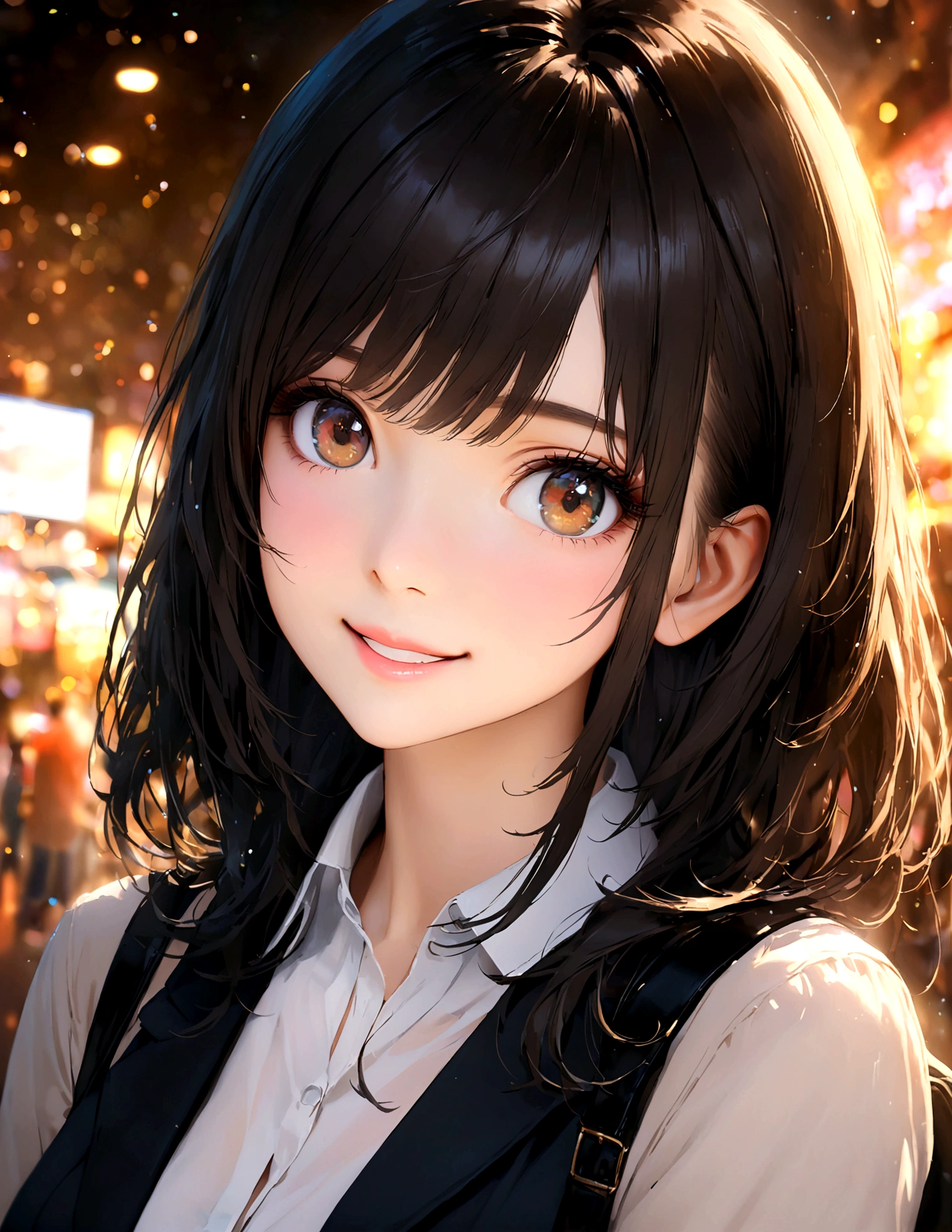 Shinjuku, Cute casual clothes,On a date,Blur the background,high school girl,Shortcuts,smile,Glitter effect,Highest quality, 4K, 8K, High resolution, masterpiece:1.2, Very detailed, Realistic:1.37, High resolution, 超High resolution, Ultra-fine painting, Sharp focus, Physically Based Rendering, Very detailedな説明, Professional, Vibrant colors