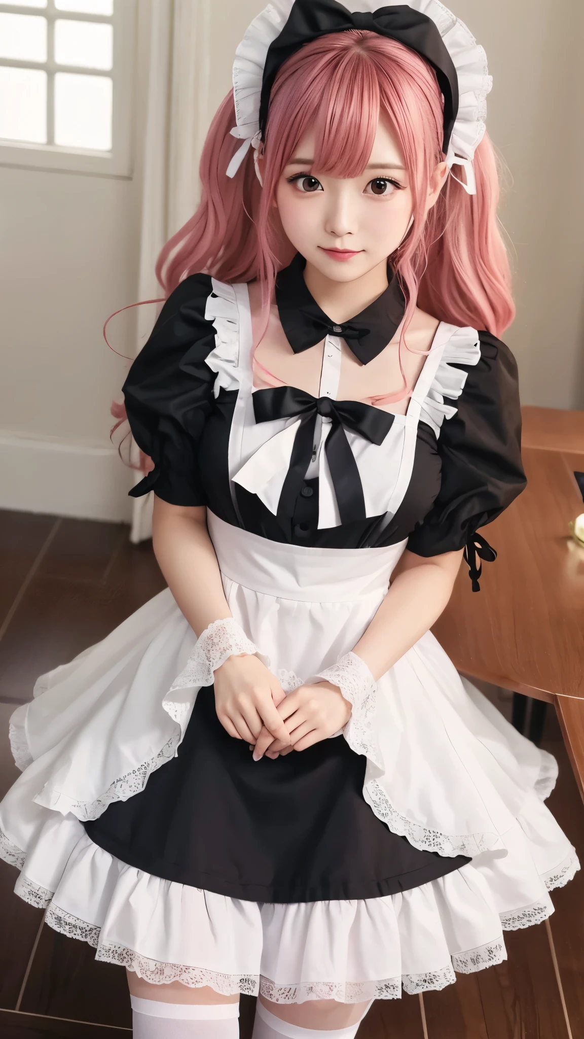 One girl, apron, bow, cube hair ornaments, dress, Frills, dark (Performance), hair ornaments, heart, heart hands, Long Hair, avert your eyes, Maid, Maid apron, Maid headdress, Mary Jane, One side up, Pink Hair, Shadowed face, shoes, short dress, alone, Sweat drops, Knee socks, white Knee socks, zettai ryouiki, 