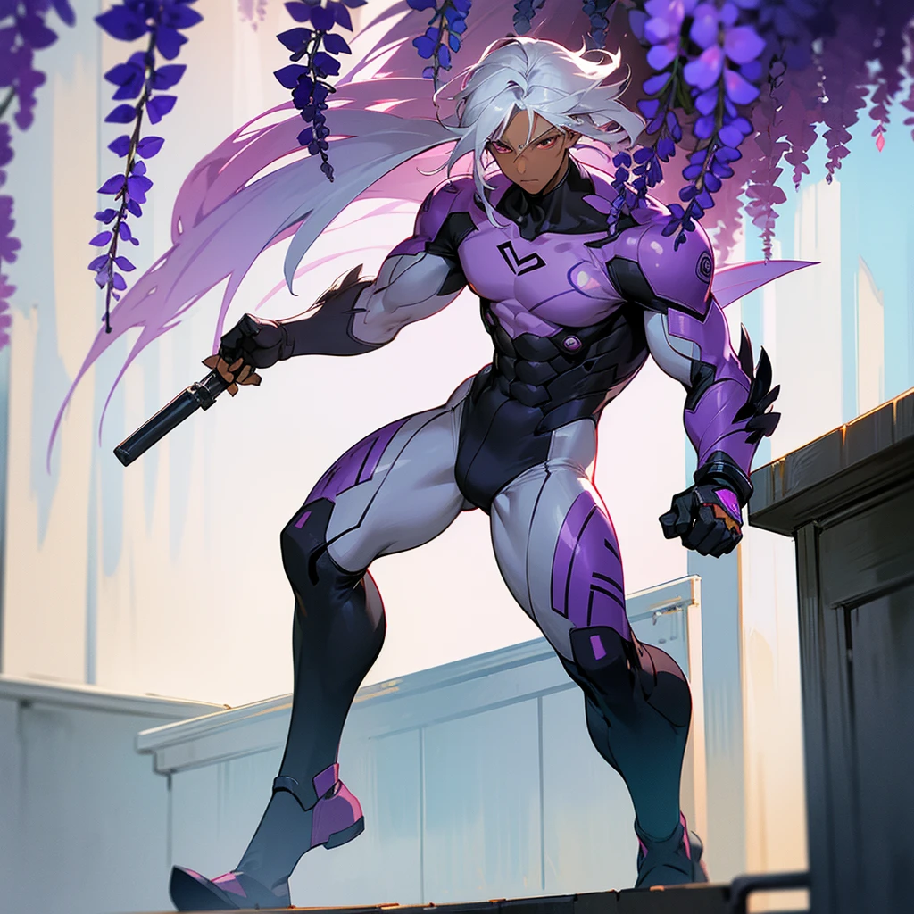 1male, young adult, dark skin, finely detailed plum eyes, wild medium hair, seashell white hair color, full body combat suit, standing on building, day time, tokyo streets, somber expression, muscular, tattoos, wisteria flowers, scars