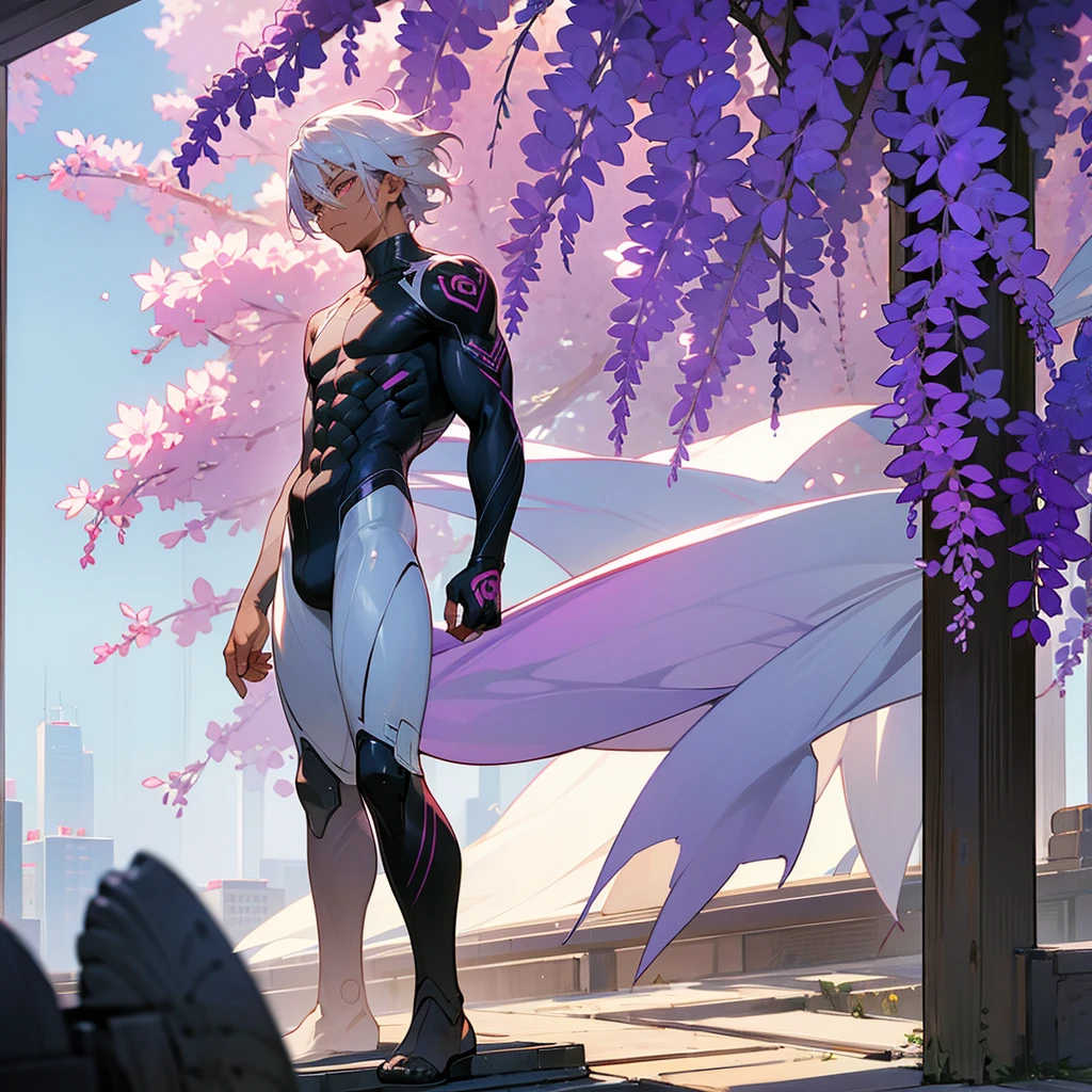 1male, young adult, dark skin, finely detailed plum eyes, wild medium hair, seashell white hair color, full body combat suit, standing on building, day time, tokyo streets, somber expression, muscular, tattoos, wisteria flowers, scars