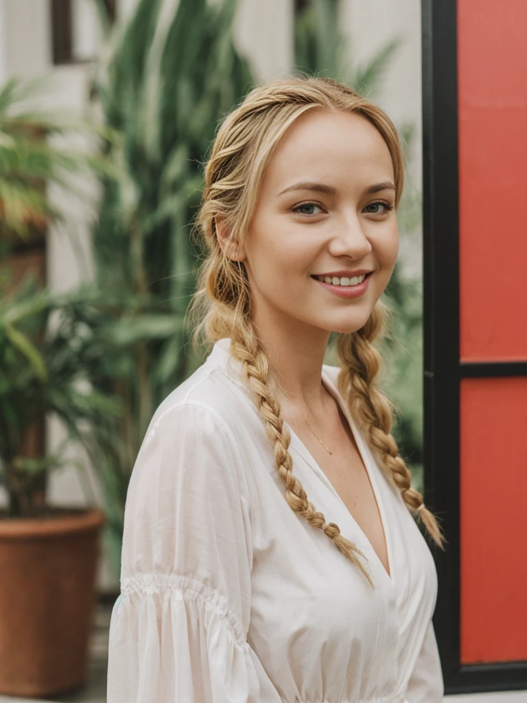 solo, realistic, photorealistic, natural lighting, (large forehead, (((Latvian woman))), (((Latvian nose))), (((Latvian eyes))), (((blonde))), (((braids))), (((Latvian face))), (((Latvian lips))), (((Latvian body))), (((fair complexion))) smiling, wearing Kimono Sleeve Dress, cleavage, pose: standing, background: Live music meets interactive art. Indie and electronic tunes. Guests can join art projects and workshops.