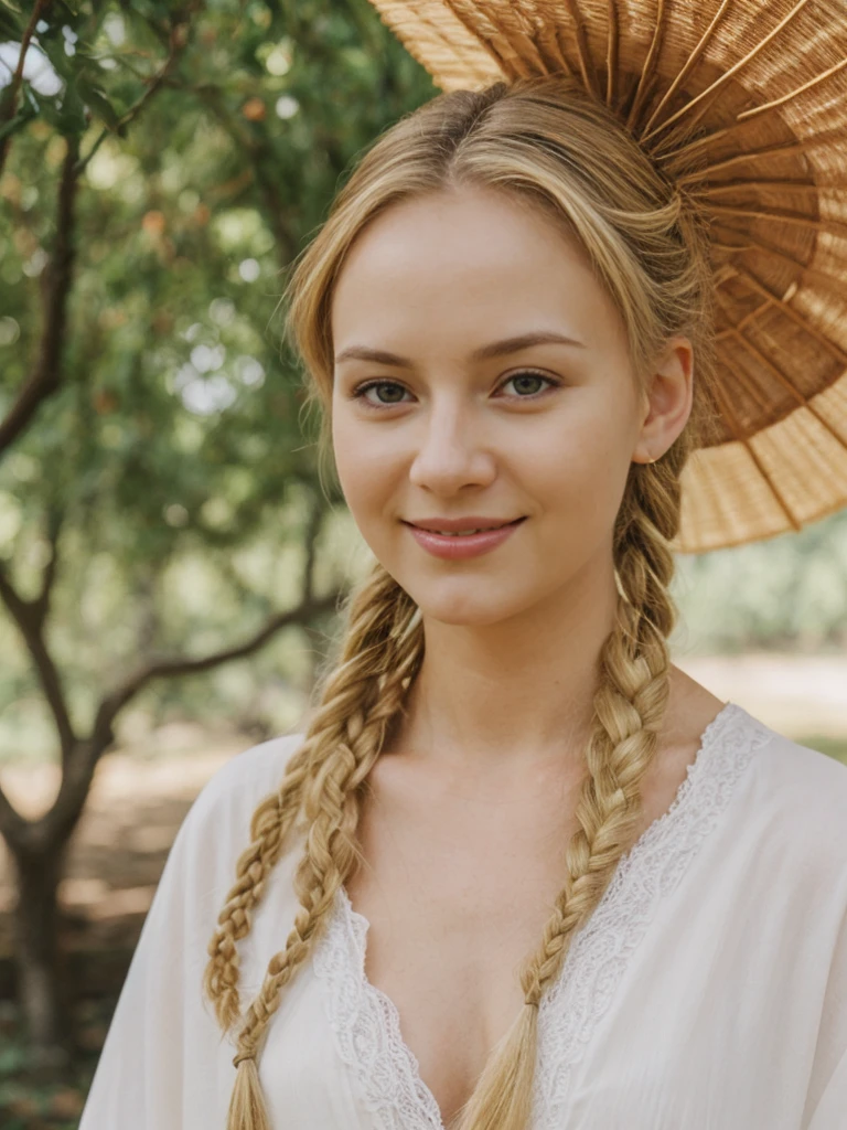 solo, realistic, photorealistic, natural lighting, (large forehead, (((Latvian woman))), (((Latvian nose))), (((Latvian eyes))), (((blonde))), (((braids))), (((Latvian face))), (((Latvian lips))), (((Latvian body))), (((fair complexion))) smiling, wearing Kimono Sleeve Dress, cleavage, pose: standing, background: Live music meets interactive art. Indie and electronic tunes. Guests can join art projects and workshops.