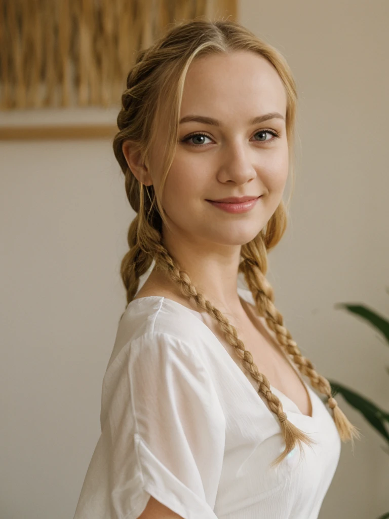 solo, realistic, photorealistic, natural lighting, (large forehead, (((Latvian woman))), (((Latvian nose))), (((Latvian eyes))), (((blonde))), (((braids))), (((Latvian face))), (((Latvian lips))), (((Latvian body))), (((fair complexion))) smiling, wearing Kimono Sleeve Dress, cleavage, pose: standing, background: Live music meets interactive art. Indie and electronic tunes. Guests can join art projects and workshops.