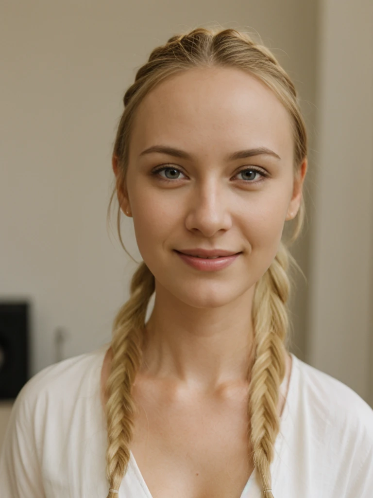 solo, realistic, photorealistic, natural lighting, (large forehead, (((Latvian woman))), (((Latvian nose))), (((Latvian eyes))), (((blonde))), (((braids))), (((Latvian face))), (((Latvian lips))), (((Latvian body))), (((fair complexion))) smiling, wearing Kimono Sleeve Dress, cleavage, pose: standing, background: Live music meets interactive art. Indie and electronic tunes. Guests can join art projects and workshops.