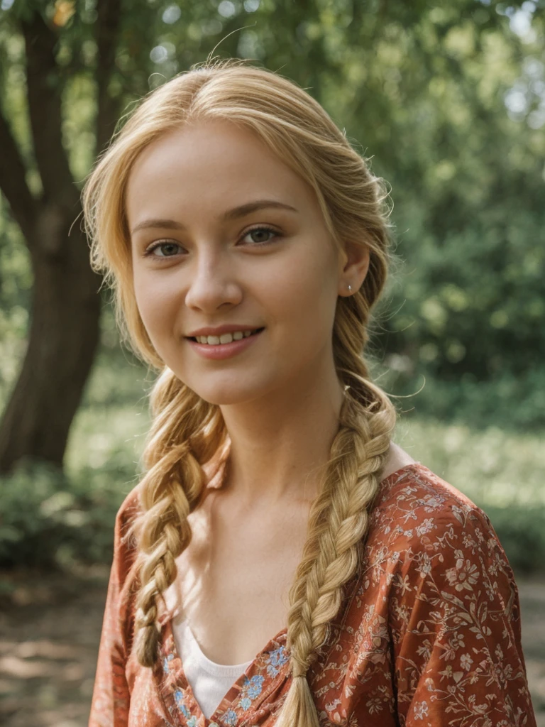 solo, realistic, photorealistic, natural lighting, (large forehead, (((Latvian woman))), (((Latvian nose))), (((Latvian eyes))), (((blonde))), (((braids))), (((Latvian face))), (((Latvian lips))), (((Latvian body))), (((fair complexion))) smiling, wearing Kimono Sleeve Dress, cleavage, pose: standing, background: Live music meets interactive art. Indie and electronic tunes. Guests can join art projects and workshops.