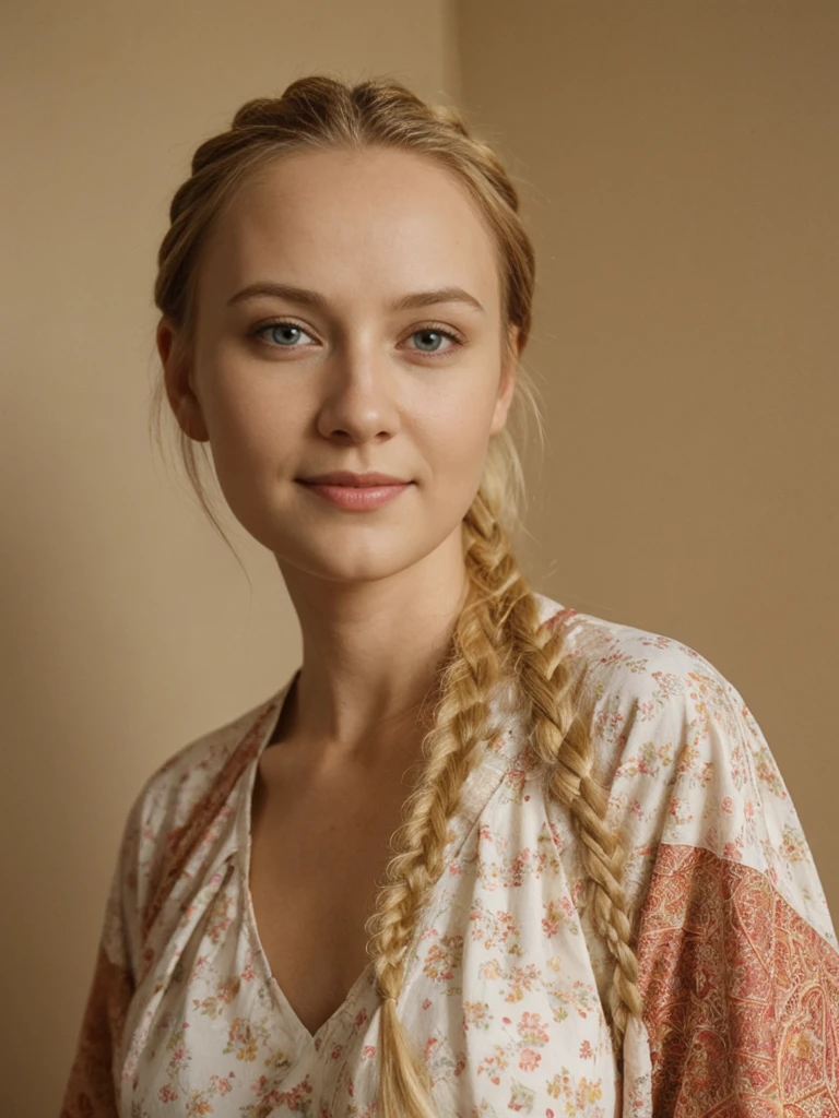 solo, realistic, photorealistic, natural lighting, (large forehead, (((Latvian woman))), (((Latvian nose))), (((Latvian eyes))), (((blonde))), (((braids))), (((Latvian face))), (((Latvian lips))), (((Latvian body))), (((fair complexion))) smiling, wearing Kimono Sleeve Dress, cleavage, pose: standing, background: Live music meets interactive art. Indie and electronic tunes. Guests can join art projects and workshops.