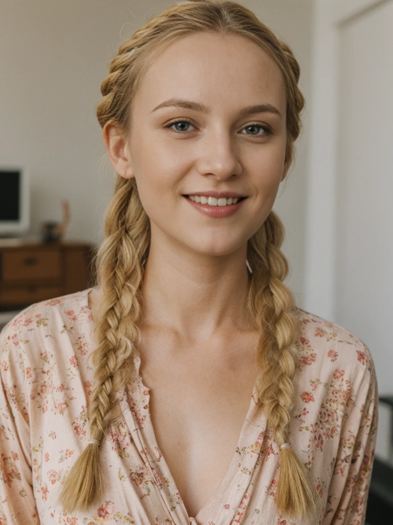 solo, realistic, photorealistic, natural lighting, (large forehead, (((Latvian woman))), (((Latvian nose))), (((Latvian eyes))), (((blonde))), (((braids))), (((Latvian face))), (((Latvian lips))), (((Latvian body))), (((fair complexion))) smiling, wearing Kimono Sleeve Dress, cleavage, pose: standing, background: Live music meets interactive art. Indie and electronic tunes. Guests can join art projects and workshops.