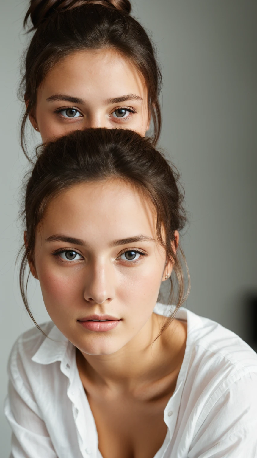 Portraiture, 20 year old brunette german girl, Sexy and attractive expression, Wearing a white shirt, Messy bun, 8k, highest quality, masterpiece, (Looking into the camera:1.3), photograph, (beautiful)
