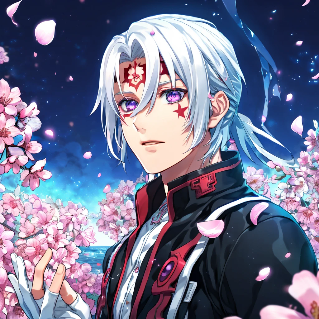 Ultra detailed, highres, absurdres, HDR, master piece, Allen Walker, white hair, hair between the eyes, expressive purple eyes, black jacket, white gloves, D.Gray-Man, fantasy, pink petals, water, pink flowers, handsome, sexy man, solo, magical, best quality, extremely detailed face, blossoms, red mark on his forehead, blue shining fireflies