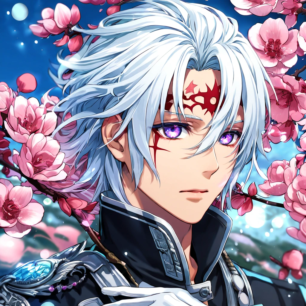 Ultra detailed, highres, absurdres, HDR, master piece, Allen Walker, white hair, hair between the eyes, expressive purple eyes, black jacket, white gloves, D.Gray-Man, fantasy, pink petals, water, pink flowers, handsome, sexy man, solo, magical, best quality, extremely detailed face, blossoms, red mark on his forehead, blue shining fireflies