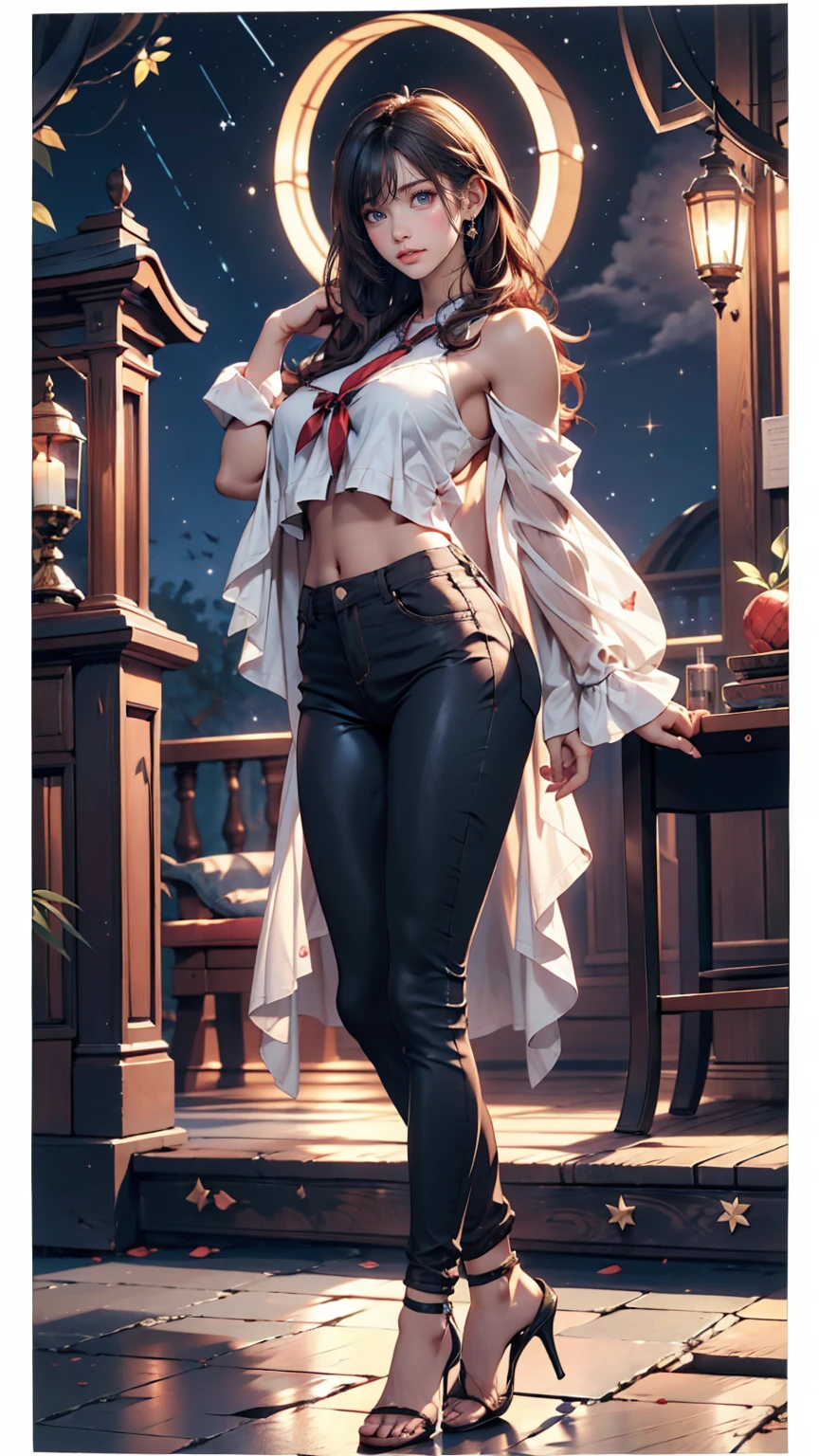 masterpiece, Beautiful Goddess of the Void, Full body white transparent clothing standing under the stars at night in the sky, Disappearing Transparent Pants, Full body standing, Tall figures, Thin legs, Facial details, Body parts details, 8k wallpaper