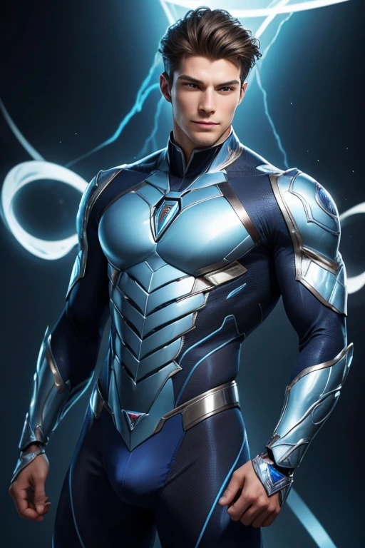 Half body focus photorealistic handsome hunky fractal masculine Lightning Lad.. wearing a indigo quartz transparent crystal chrome glass super suit , look at camera, detailed face parts,, studio as background, Freestyle Pose, Happy Expression, perfect anatomy, symmetric body,, 18 years old,  :: high detail, a lean athletic body, realistic, human skin, extremely detailed fingers,  chad chin,, masculine, human skin, (eyes contact), gorgeous, Attractive. super bulges