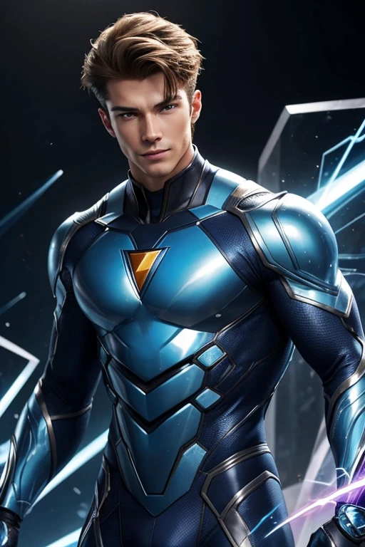 Half body focus photorealistic handsome hunky fractal masculine Lightning Lad.. wearing a indigo quartz transparent crystal chrome glass super suit , look at camera, detailed face parts,, studio as background, Freestyle Pose, Happy Expression, perfect anatomy, symmetric body,, 18 years old, :: high detail, a lean athletic body, realistic, human skin, extremely detailed fingers, chad chin,, masculine, human skin, (eyes contact), gorgeous, Attractive. super bulges