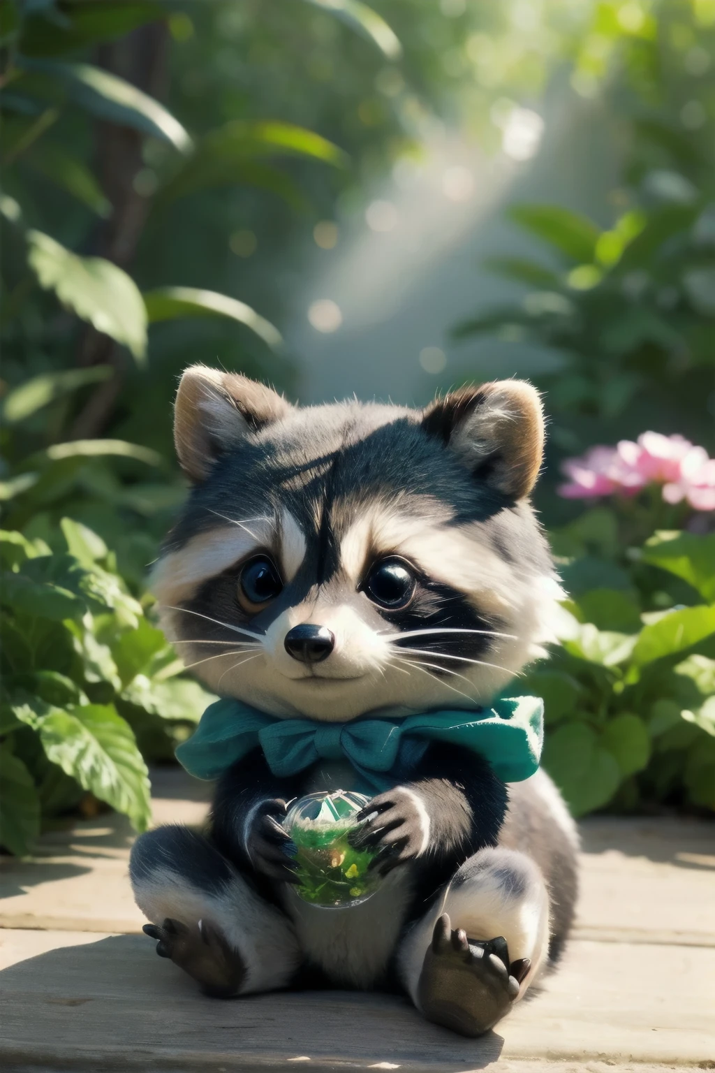 Cute raccoon in a surreal, dreamy fantasy scene、Detailed digital illustration、8K、Very detailed、Very realistic、Photorealistic、Bright colors、Dramatic lighting、Intricate details、Whimsical、magical realism、Soft pastel tones、Shine、Ethereal、Mysterious、Mysterious、Imaginative、Conceptual