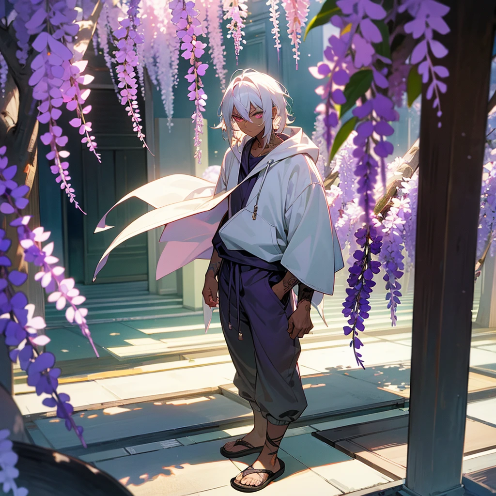 1male, young adult, dark skin, finely detailed plum eyes, wild medium hair, seashell white hair color, oversized hoodie, baggy pants, standing on building, day time, tokyo streets, somber expression, muscular, tattoos, wisteria flowers, scars