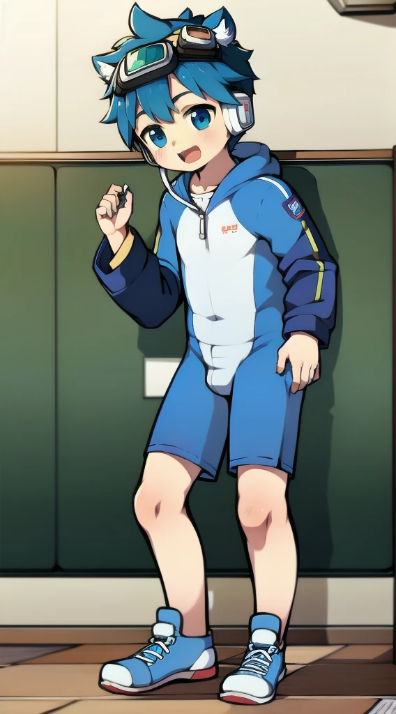 Two-dimensional boy,One-piece mountaineering suit,trumpet,Cow ears,Put the headphones on your head,stand up,goggles,sports shoes,Slim,Happy,Sailor collar