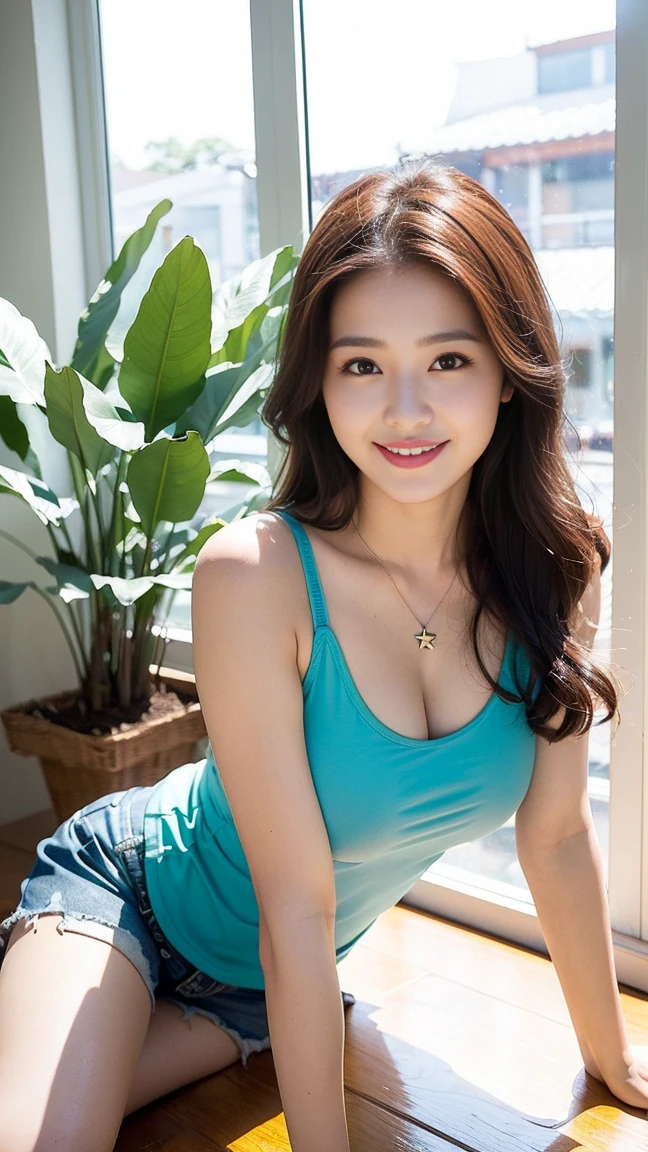 ((Top quality、8K、Master School:1.3、In the company、OL、Office casual setting、 (1 cute korean stars,Large breast bulge) ,Long hair,, 32 inches chest size, Grey Camisole Vest, shorts,White shoes , Nikon, Ultra HD 1 Girl、slender beauty:1.3、Super detail face、Exquisite eyes、Double eyelids、smiling facial expression、(sexy pose),whole body、brown hair、necklace,Tanned skin、20 years old、beaver、shortcut、piece、 look、stare、Houseplant、verdant、look到whole body、window