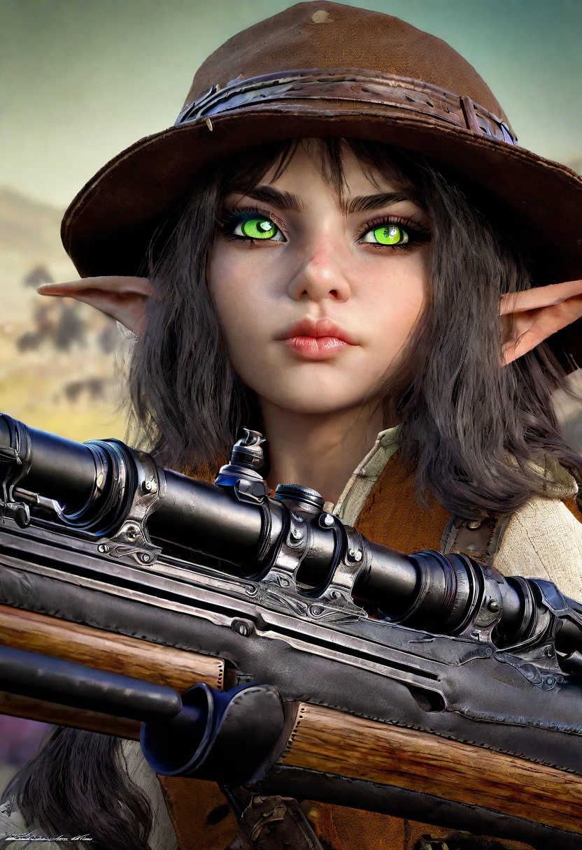 A goblin girl, beautiful detailed eyes, beautiful detailed lips, extremely detailed eyes and face, long eyelashes, in a western outfit, with a magic sniper rifle, 8k, highres, masterpiece, ultra-detailed, realistic, photorealistic, HDR, studio lighting, sharp focus, physically-based rendering, extreme detail description, professional, vivid colors, fantasy, sci-fi, dark fantasy